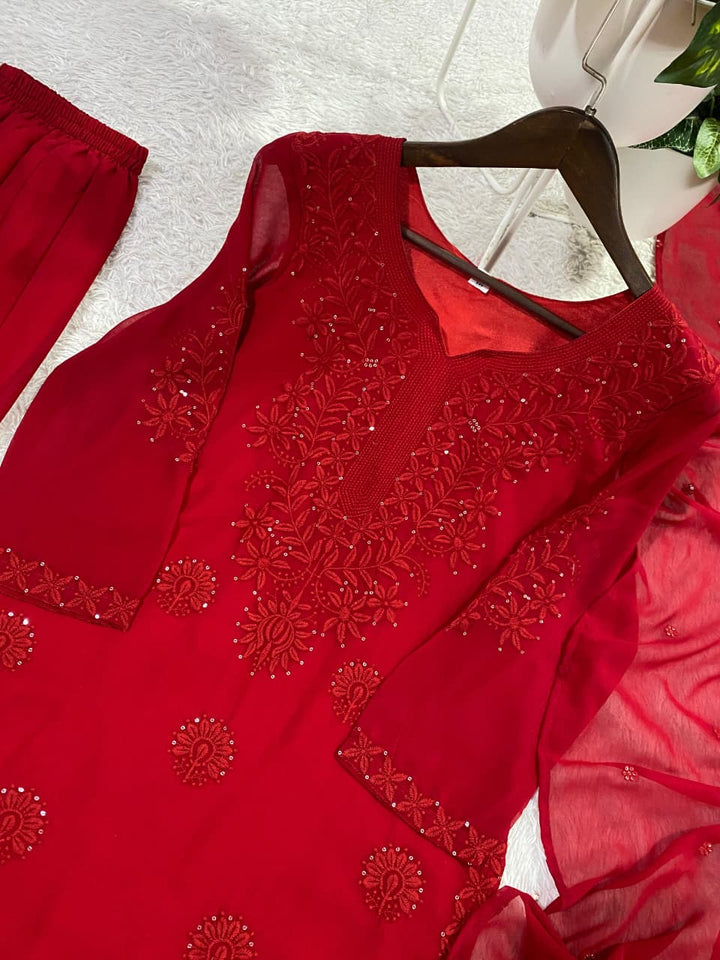 Classic Red Georgette Embroidery Work Sharara Suit