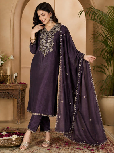 Purple Vichitra Silk Suit Set with Dupatta