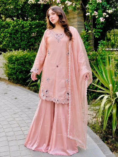 Pastel Pink Silk Embroidered Palazzo Suit | Asian Wear