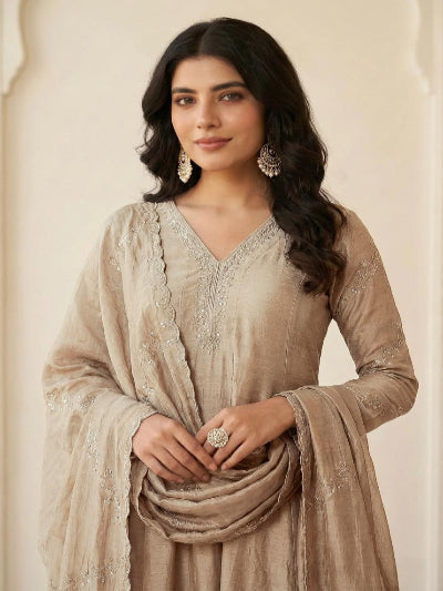 Golden Beige Silk Modest Anarkali Suit