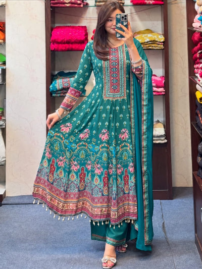 Blue Pure Chinon Handwork Anarkali Suit Set