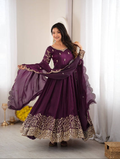 Plum Purple Tissue silk Embroidery &amp; Sequin Work Anarkali Gown Suit