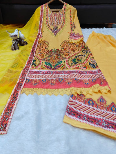 Plus Size Yellow Muslin Embroidered Mirror Work Suit Set