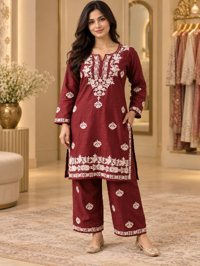 Red Plus Size Chikankari Rayon Kurta Palazzo Set UK Next Day