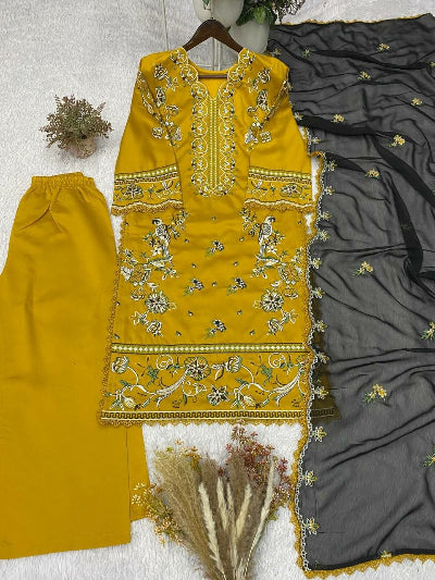 Mustard Yellow Embroidered Lace Detailing Ethnic Suit Set