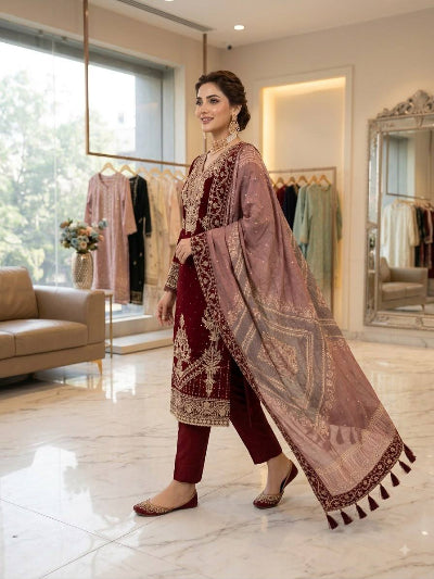 Deep Red Georgette Gold Embroidered Straight Suit Set