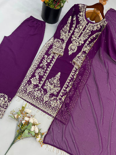 Purple Georgette Exquisite Embroidery Work Straight Suit Set for Women