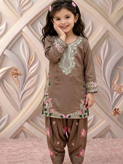 Dusty Brown Floral Kids Embroidered Punjabi Suit