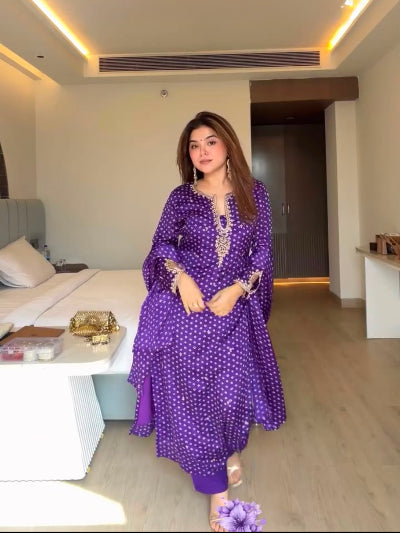 Royal Purple Satin Georgette Straight Suit with Sequin Work