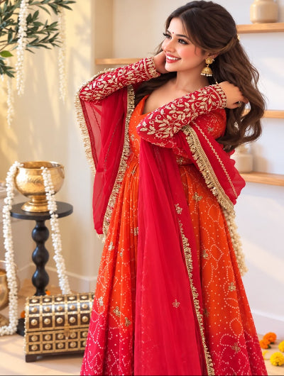 Red Orange Ombre Embroidered Anarkali Gown Set