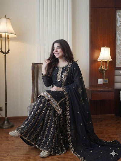 Black Georgette Elegant Embroidered Gharara Suit Set