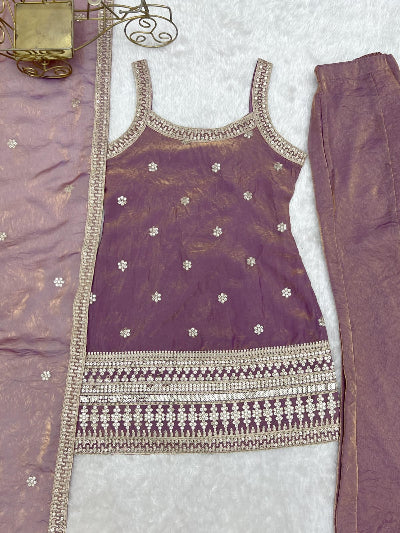 Blush Pink Silk Sleeveless Kurta Bell Bottom Pant &amp; Dupatta