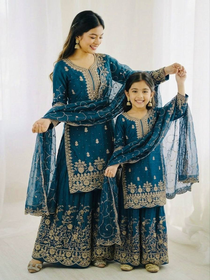 Mother Daughter Matching Festive Silk Sharara Suit Set