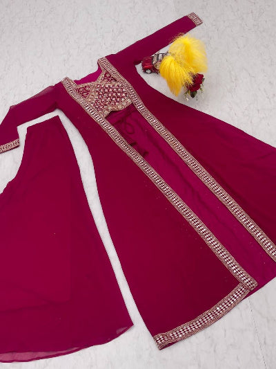 Rani Pink Georgette Embroidered Indo Western Shrug Suit UK Next Day