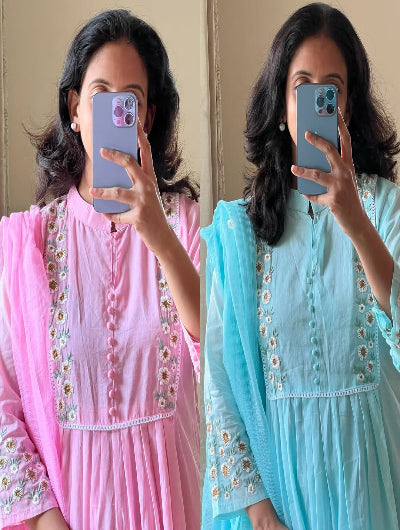 Pink &amp; Blue Lightweight Cotton Anarkali Suit with Embroidery