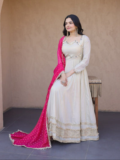 Ivory Gold Zari Work Anarkali Gown Dupatta Set Of 2