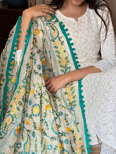 Cream Chikankari Work Straight Suit with Embroidery Dupatta