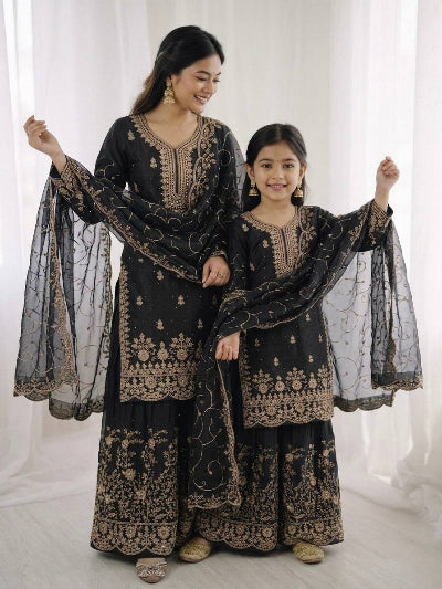 Mother Daughter Matching Festive Silk Sharara Suit Set