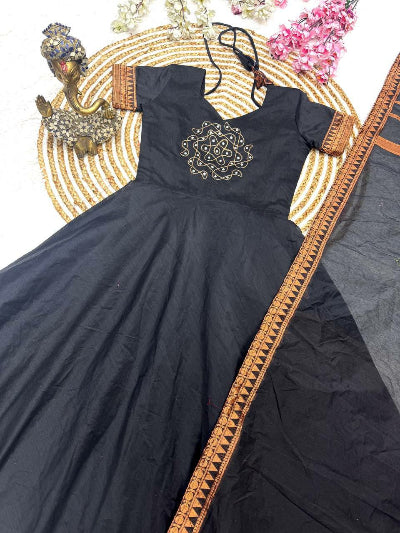 Black Pattu cotton Jacquard Kurti Dupatta Set of 2