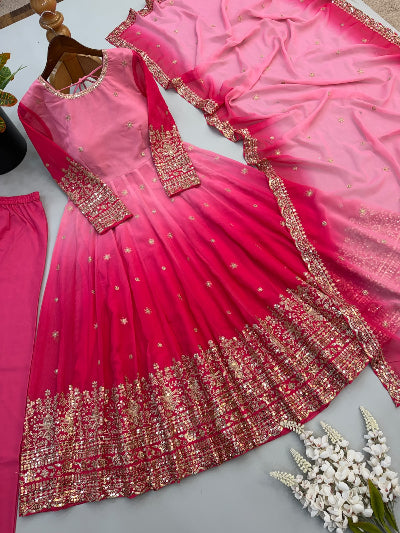 Pink Dual Shade Embroidered Designer Gown Suit Set