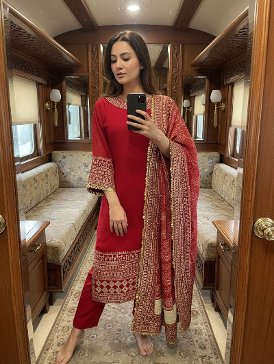 Red Georgette Full Embroidery Straight Suit