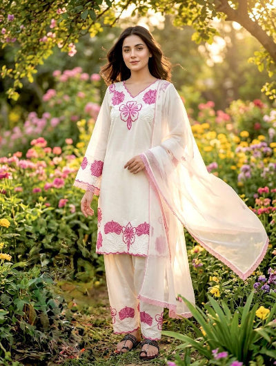 White Pink Floral Bell Sleeves Farshi Suit