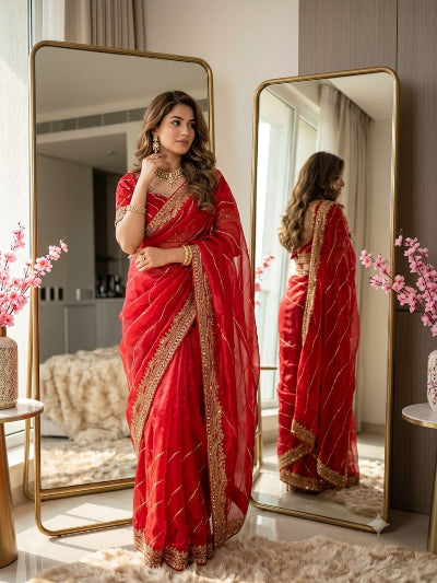 Alaya Red Tissue Silk Pre-pleated Ready to Wear Saree with Stitched Blouse