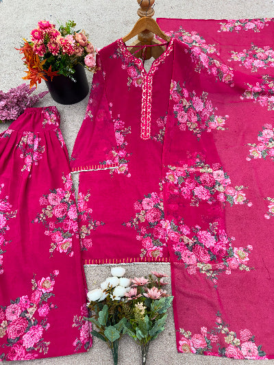 Hot Pink Georgette Floral Farshi Suit Set for Women UK