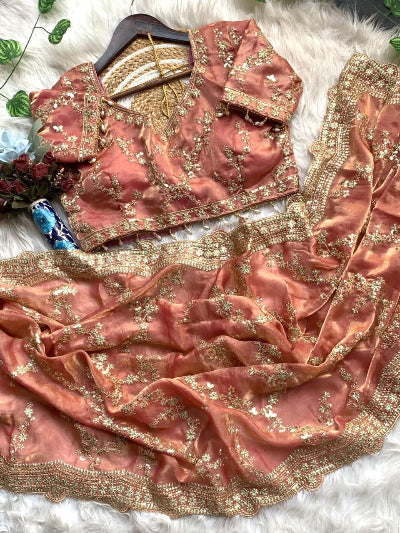 Coral Peach Gold Embroidered Ready to Wear Saree with Free Stitched Blouse