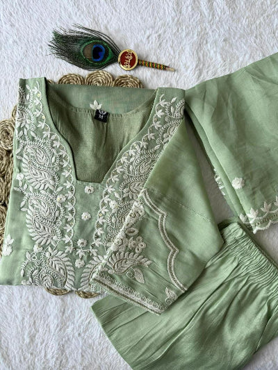 Pista Green Pure Mul Chanderi Embroidered A-Line Suit Set for Women