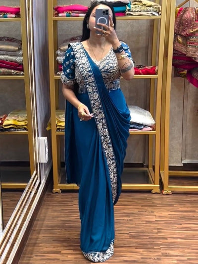 Black Ready to Wear Drape Saree Embroidered Blouse