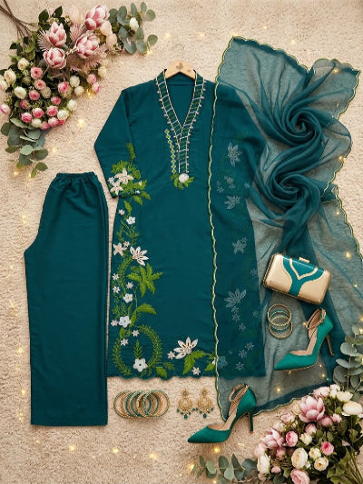 Teal Green Embroidered Roman Silk Palazzo Suit Set for Women UK