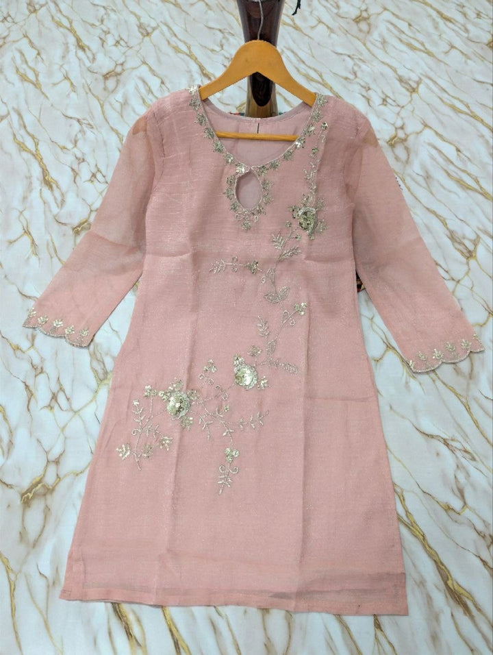 Blush Pink Embroidered Crunchy Silk Palazzo Suit