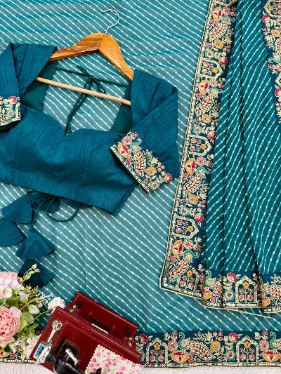 Blue Leheriya Georgette Pre-pleated Saree with Free Stitched Blouse