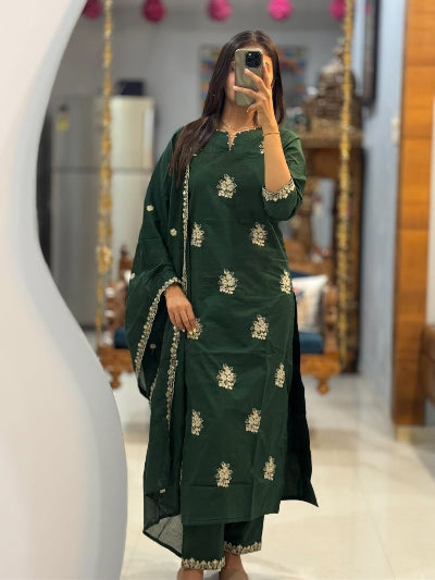 Dark Green Embroidered Straight Suit Set