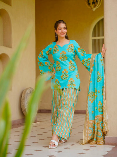Turquoise Blue Cotton Farshi Suit for Women