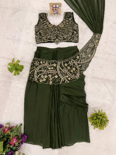 Designer Lehenga Saree &amp; Embroidered Blouse Burgundy &amp; Olive Green
