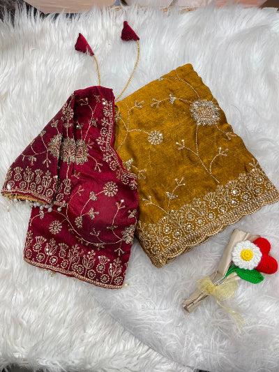 Mustard Pre-Stitched Ready to Wear Saree with Free Red Embroidered Stitched Blouse