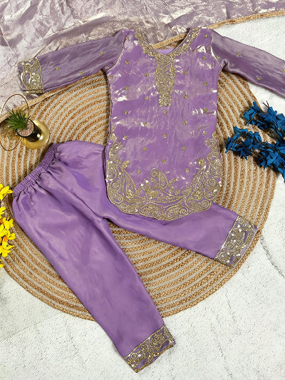 Kids Lavender Embroidery Work Salwar Suit