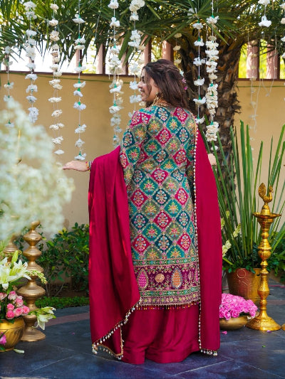 Teal &amp; Red Plus Size Chinon Silk Sharara Suit Set with Aari Mirror Work
