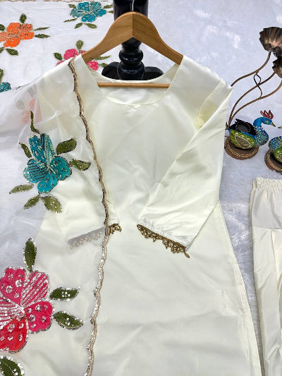 Ivory Cream Crepe Farshi Suit Set with Floral Organza Dupatta