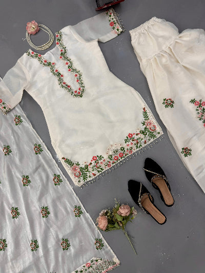 Elegant White Embroidered Farshi Palazzo Suit