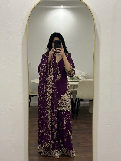 Deep Plum Purple Embroidered  Georgette Palazzo Suit
