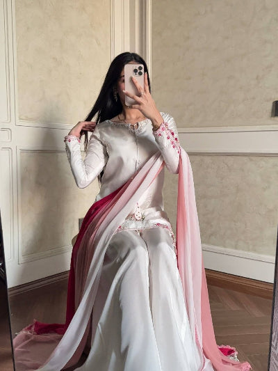 White Embroidered Crepe Silk Palazzo Suit with Pink Shaded Dupatta