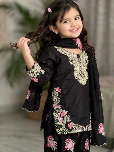 Black Floral Kids Embroidered Punjabi Suit