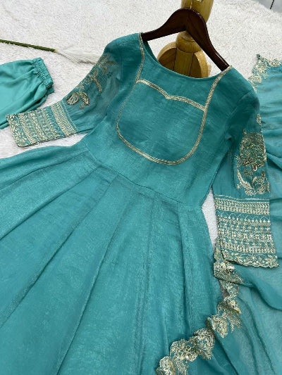 Teal Blue Embroidered Crunchy Silk Anarkali Suit for Women