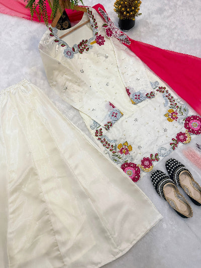 Ivory Floral Embroidered Sharara Palazzo Suit with Pink Dupatta
