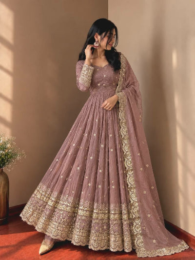 Dusty Mauve Gold Embroidered Anarkali Gown Suit Set