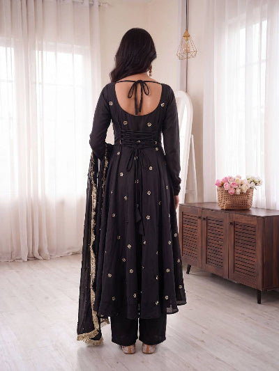 Black Crepe Silk Embroidered Anarkali Suit Set