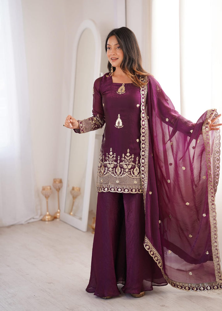 Deep Wine Embroidered Sharara Suit UK | Women&
